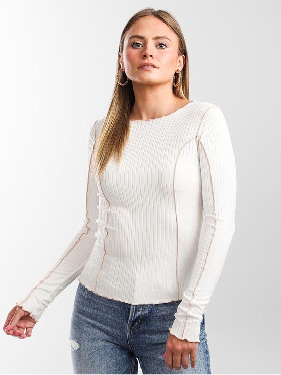 Gilded Intent Tops - Gilded Intent Contrast Trim Mock Neck Ribbed Long-Sleeve Tee - Ivory Sz S